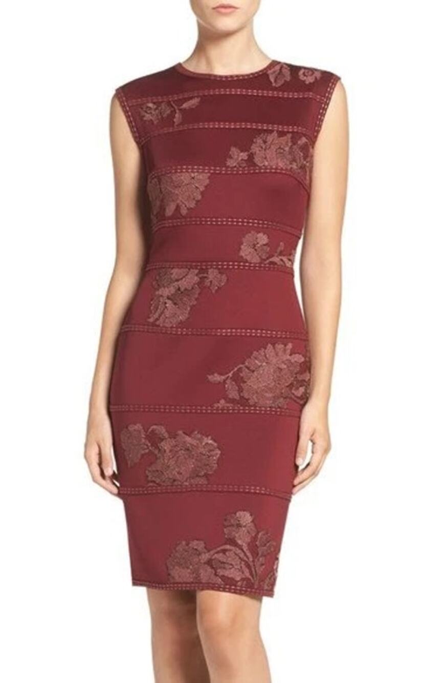 XL Tadashi Shoji Kitami Embroidered Neoprene Sheath Dress Burgundy Cocktail